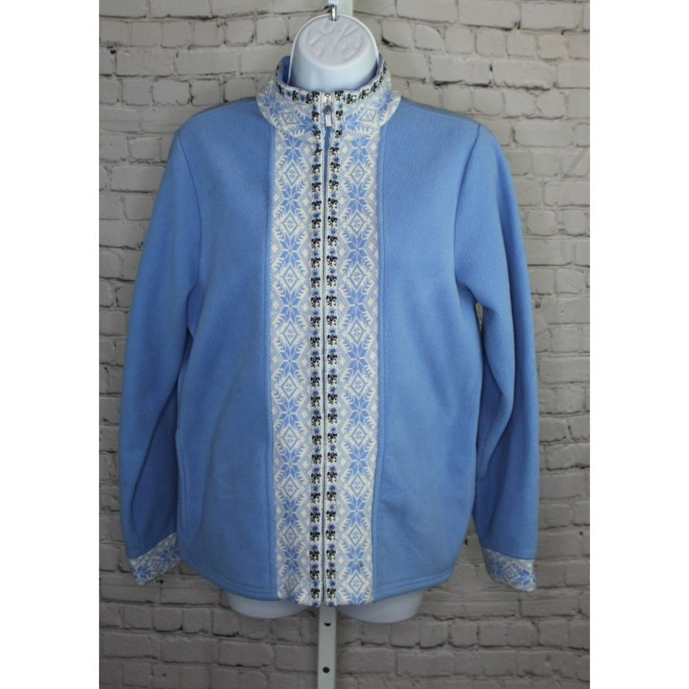 Vintage LL BEAN Womens Large Fleece Full Zip Jacket Nordic Snowflake Knit Trim